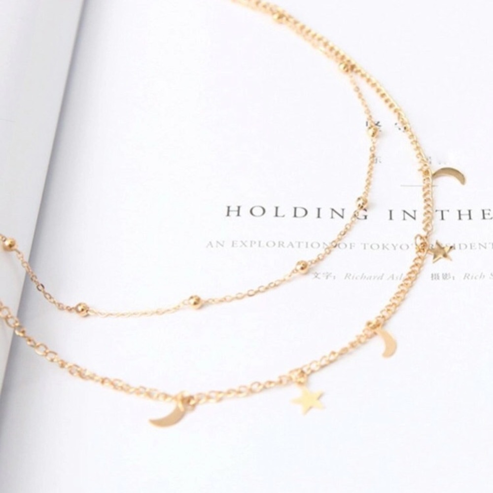 🌙 Crescent Boho Moon and star double layered ball chain necklace - Picture 2 of 4